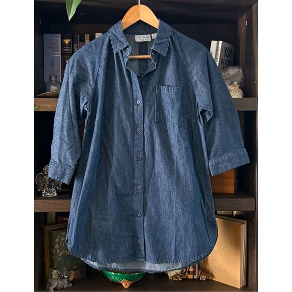 🐿️ Joan Rivers Denim Blue Button Front Half Sleeve Shirt Size XXS - Picture 1 of 4